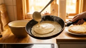 Swedish Pancake Recipe 17 Thin Swedish pancake batter poured into a pan and spread evenly by tilting the skillet.