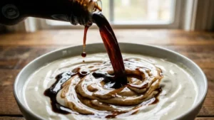 Cookout Sauce Recipe 17 Worcestershire sauce being poured into creamy cookout sauce mixture