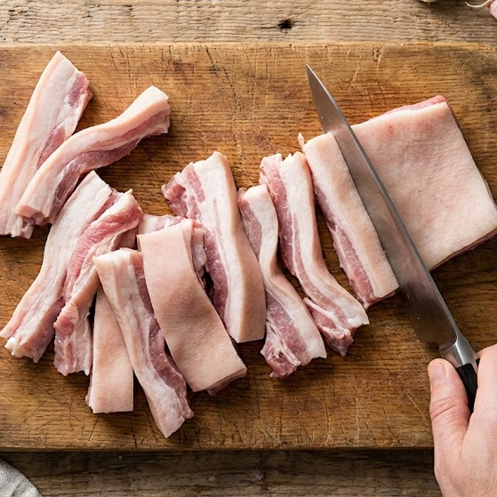 How to Make Pork Rinds Recipe 14 cutting pork skin into strips for how to make pork rinds recipe at home