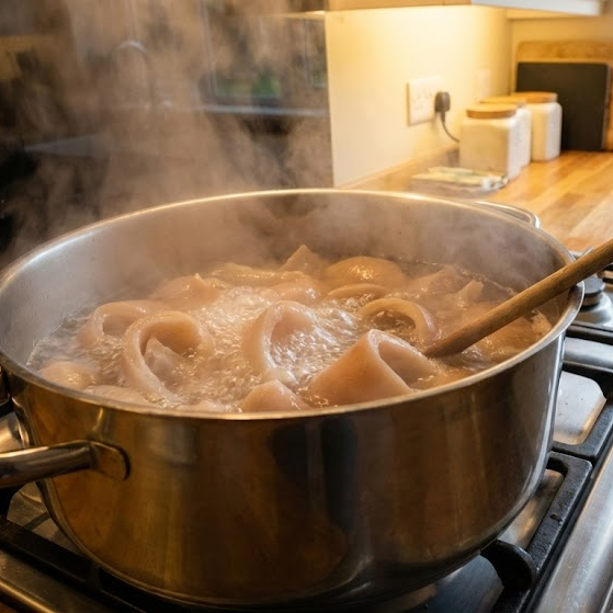 How to Make Pork Rinds Recipe 15 boiling pork skin in water for how to make pork rinds recipe step by step