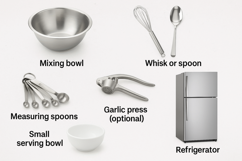 Pharaoh Sauce Recipe 13 Kitchen equipment for making Pharaoh Sauce, including a mixing bowl, whisk or spoon, measuring spoons, garlic press, small serving bowl, and a refrigerator for chilling the sauce.