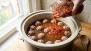 Easy Albondigas Soup Recipe in Crock Pot 16 Adding broth and tomatoes to crock pot for albondigas soup