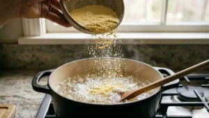 Recipe Ugali 15 Adding maize flour to boiling water for ugali