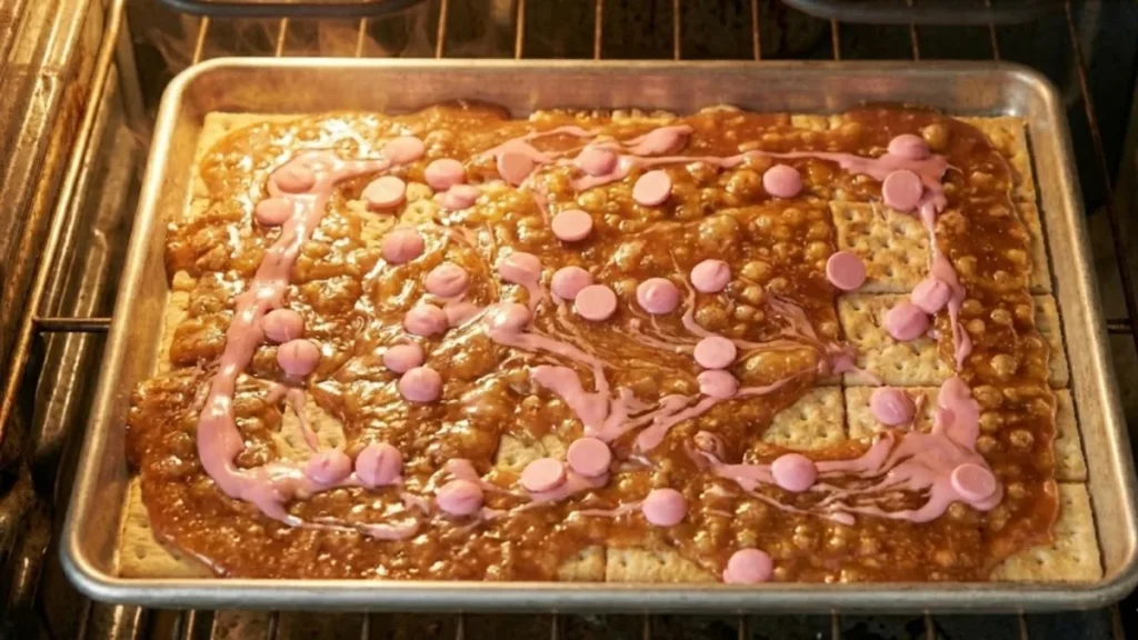 Valentine’s Day Crack Candy – The Sweet & Salty Treat Everyone Is Obsessed With 12 Adding pink candy melts to Valentine crack candy - Valentine’s Day Crack Candy
