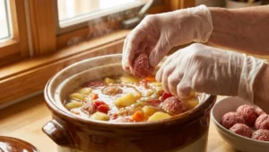 Easy Albondigas Soup Recipe in Crock Pot 22 Adding raw meatballs to crock pot albondigas soup