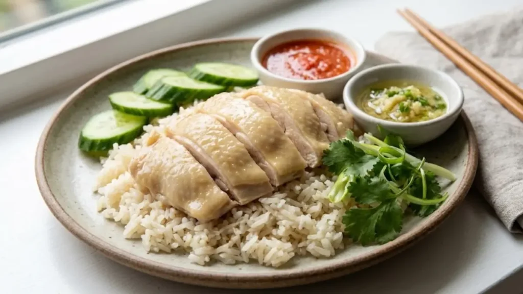 Hainam Chicken Rice Recipe 12 Authentic Hainam chicken rice recipe served with sauces and soup.