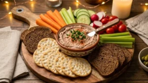Braunschweiger Dip Recipe 19 Braunschweiger dip served with crackers and vegetables.