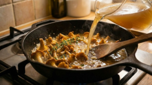 How to Make Rahmschwammerl Recipe 22 Broth and thyme added to mushrooms