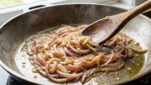 Authentic Palestinian Musakhan Recipe 17 Caramelized red onions cooking in olive oil for Musakhan recipe