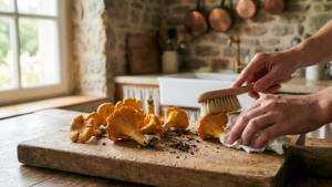 How to Make Rahmschwammerl Recipe 14 Cleaning fresh mushrooms on wooden board