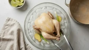Hainam Chicken Rice Recipe 16 Cooling poached chicken in ice bath for smooth skin.