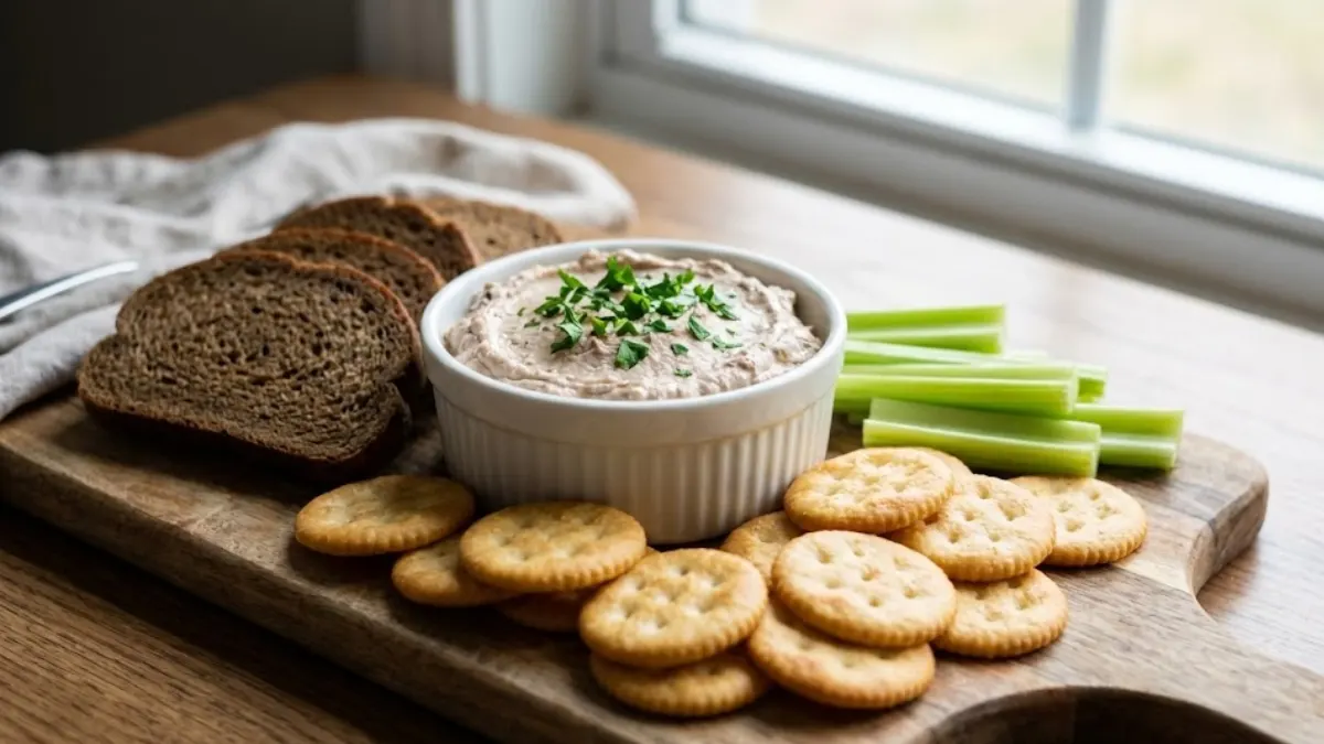 Braunschweiger Dip Recipe 13 Creamy braunschweiger dip served in a bowl with crackers and rye bread.