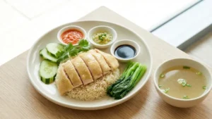 Hainam Chicken Rice Recipe 21 Finished Hainam chicken rice served with sauces and soup.