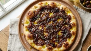 Authentic Palestinian Musakhan Recipe 18 Flatbread topped with caramelized onions for Palestinian Musakhan