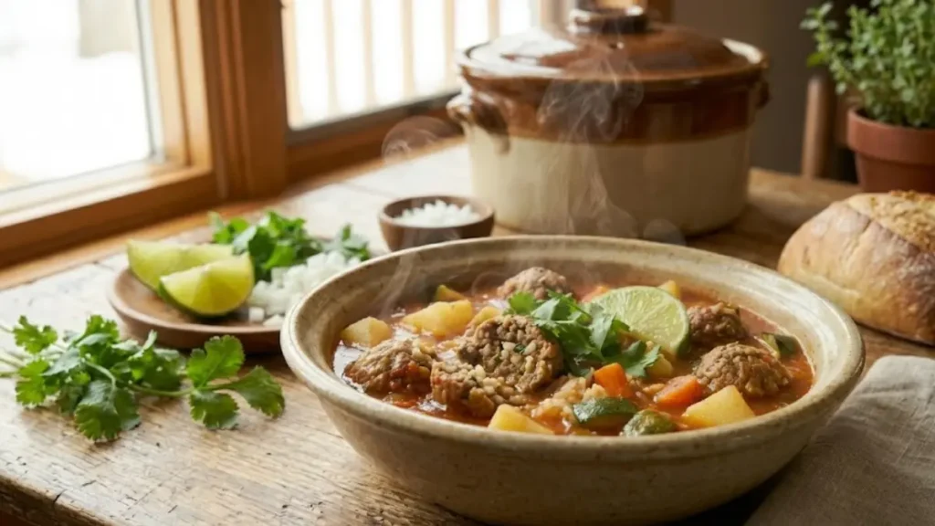 Easy Albondigas Soup Recipe in Crock Pot 12 Slow cooker albondigas soup simmered to perfection with tender meatballs and hearty vegetables