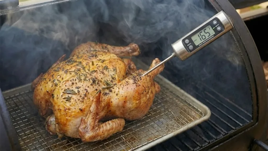 Whole Pheasant Recipes 12 Meat thermometer checking internal temperature of smoked whole pheasant - Whole Pheasant Recipes