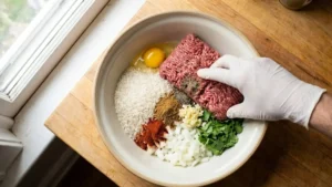 Easy Albondigas Soup Recipe in Crock Pot 14 Mixing ground beef and rice for albondigas meatballs