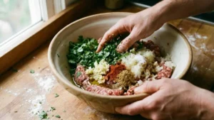 Moroccan Meatballs Recipe 15 Mixing ground meat with spices, herbs, onion, and garlic for moroccan meatballs