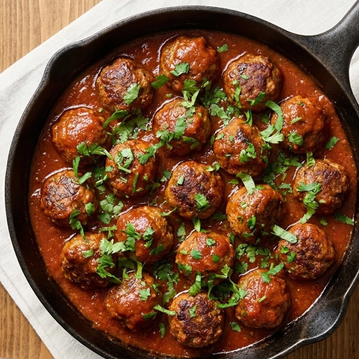 Moroccan Meatballs Recipe 13 Moroccan meatballs cooked in rich tomato sauce with herbs in a skillet
