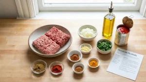 Moroccan Meatballs Recipe 24 Moroccan meatballs ingredients arranged on a kitchen counter including ground meat, spices, onion, garlic, and tomatoes