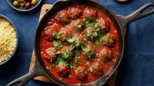 Moroccan Meatballs Recipe 21 Moroccan meatballs simmering in thick tomato sauce until fully cooked