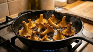 How to Make Rahmschwammerl Recipe 16 Mushrooms browning in skillet