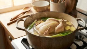 Hainam Chicken Rice Recipe 15 Poaching chicken gently in broth for Hainam chicken rice.