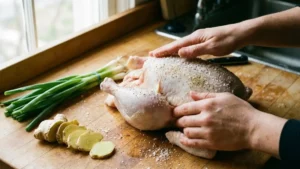 Hainam Chicken Rice Recipe 14 Preparing whole chicken with salt and pepper for Hainam chicken rice.