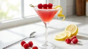 Raspberry Lemon Drop Cocktail Recipe – Bright, Boozy & Ready in Minutes 19 Raspberry lemon drop cocktail garnished with fresh raspberries and lemon twist