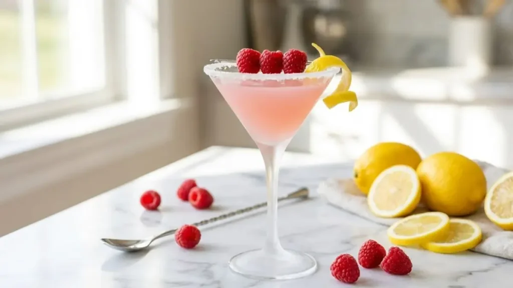 Raspberry Lemon Drop Cocktail Recipe – Bright, Boozy & Ready in Minutes 12 Raspberry lemon drop cocktail served in a sugar-rimmed martini glass with fresh raspberries and lemon garnish