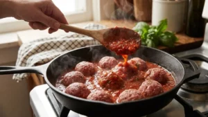 Moroccan Meatballs Recipe 20 Raw moroccan meatballs placed into simmering tomato sauce