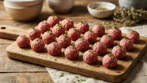 Moroccan Meatballs Recipe 16 Raw moroccan meatballs shaped and placed on a board before cooking
