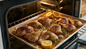 Authentic Palestinian Musakhan Recipe 16 Roasted sumac chicken cooking in oven for Palestinian Musakhan