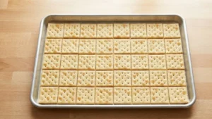 Valentine’s Day Crack Candy – The Sweet & Salty Treat Everyone Is Obsessed With 15 Saltine crackers arranged on baking sheet