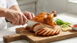Hainam Chicken Rice Recipe 20 Slicing poached chicken for Hainam chicken rice.