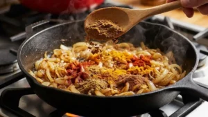 Moroccan Meatballs Recipe 18 Spices being added to sautéed onions in a pan for moroccan meatballs sauce