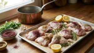 Authentic Palestinian Musakhan Recipe 15 Sumac-seasoned chicken arranged on tray before roasting for Musakhan