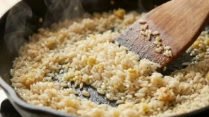 Hainam Chicken Rice Recipe 18 Toasting jasmine rice with aromatics for Hainam chicken rice.