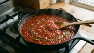 Moroccan Meatballs Recipe 19 Tomato sauce simmering with spices in a skillet