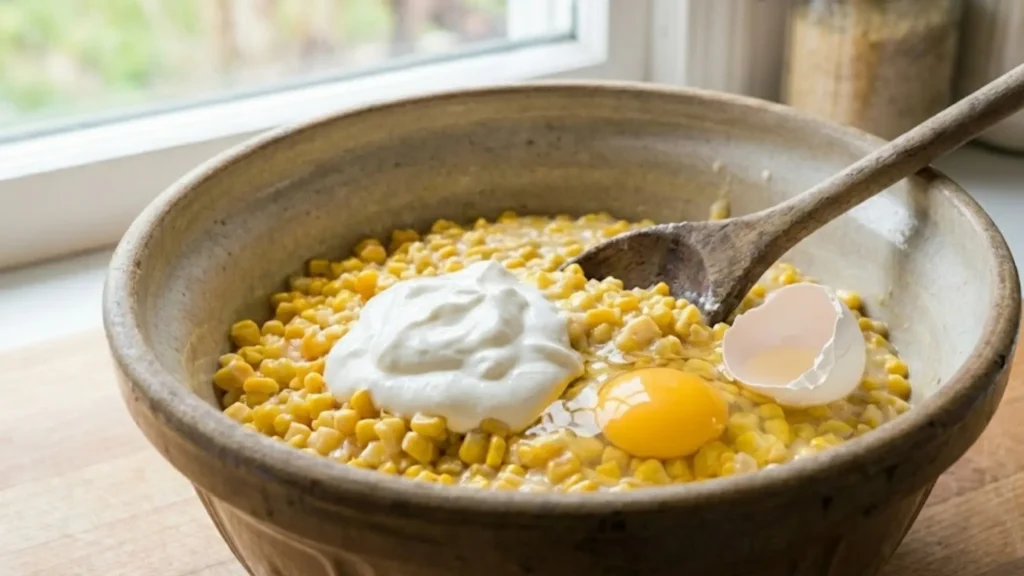 The Best Corn Pudding Recipe 12 Adding sour cream and eggs to corn pudding mixture - Corn Pudding Recipe
