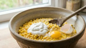 The Best Corn Pudding Recipe 17 Adding sour cream and eggs to corn pudding mixture