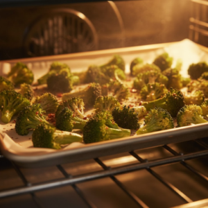 CAVA Fiery Broccoli Recipe 17 Broccoli roasting in oven with crispy edges