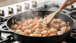 Best Turbriskafil Recipe 17 Chicken browning in skillet for baked turbriskafil.