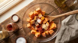 Sweet Potato Recipe 23 Chopped sweet potatoes mixed with olive oil and spices in a bowl