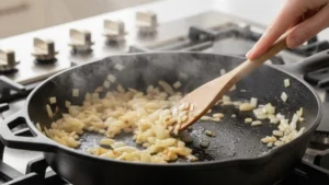 Best Turbriskafil Recipe 16 Cooking onions and garlic in skillet for turbriskafil sauce.