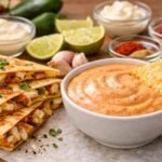 Creamy homemade quesadilla sauce served with crispy chicken quesadillas and fresh ingredients