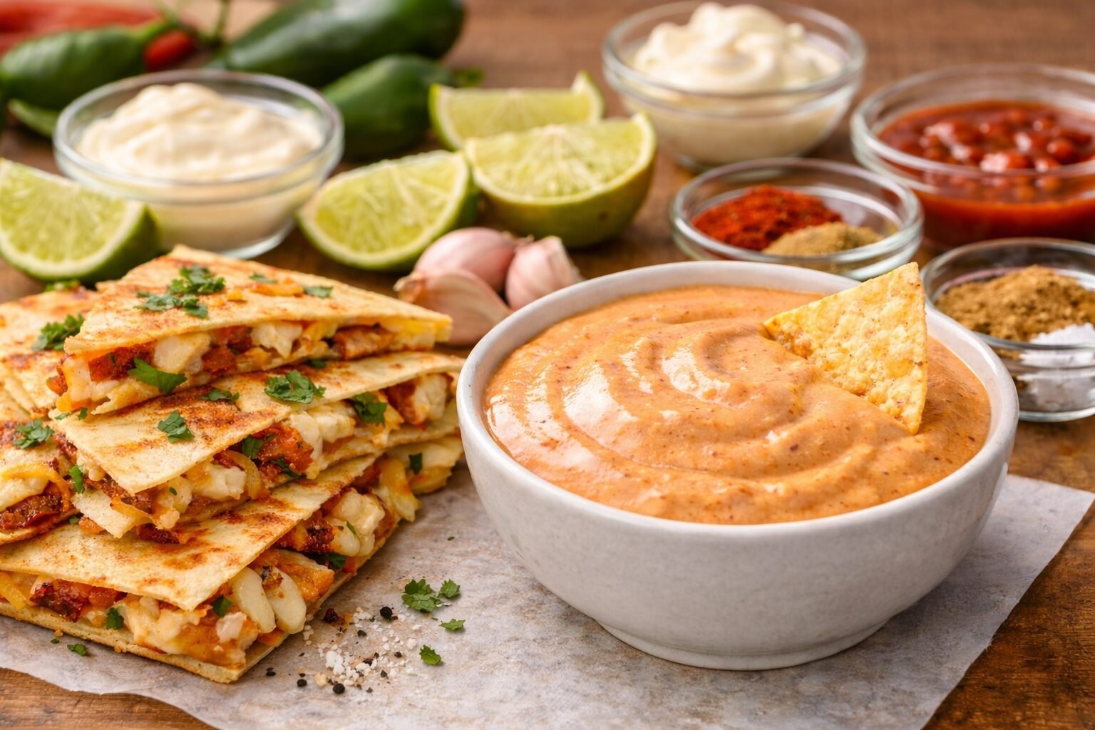 Creamy homemade quesadilla sauce served with crispy chicken quesadillas and fresh ingredients