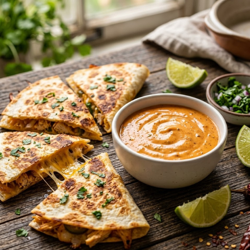 Creamy Quesadilla Sauce Recipe 3 Creamy quesadilla sauce served with crispy chicken quesadillas.