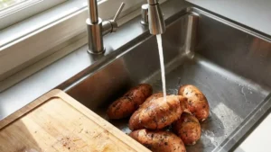 Sweet Potato Recipe 18 Fresh sweet potatoes being washed under running water before cooking