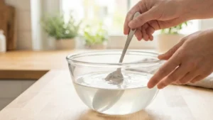 Gelatin Weight Loss Recipe 15 Hand stirring dissolved gelatin mixture in a glass mug until smooth and fully blended.